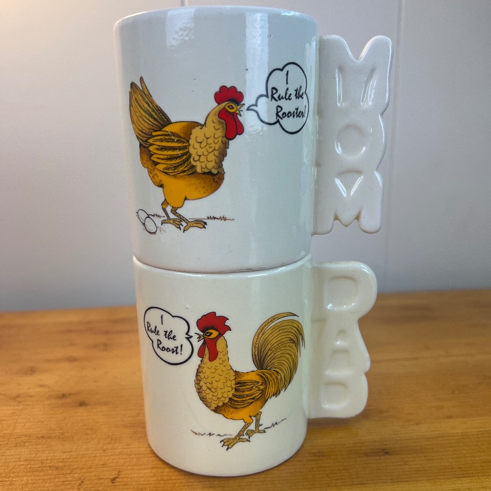 Vintage Lusterware Ceramic Hen and Rooster Mom and Dad Mugs